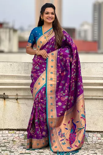 Purple woven self design pure silk paithani saree with blouse
