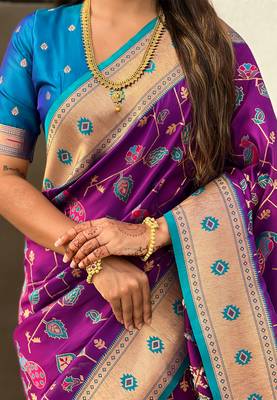 Purple woven self design pure silk paithani saree with blouse 4