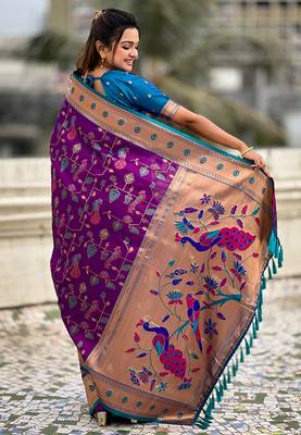 Purple woven self design pure silk paithani saree with blouse 5