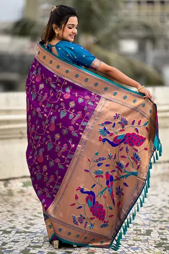 Purple woven self design pure silk paithani saree with blouse