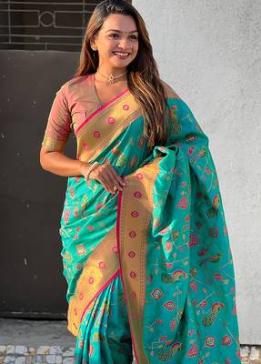 Sea green woven self design pure silk paithani saree with blouse 2