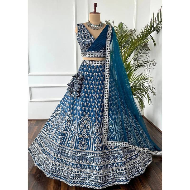 Royal Blue Faux Georgette Sequins & Zari Embroidered Lehenga Choli