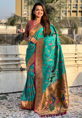 Sea green woven self design pure silk paithani saree with blouse 3