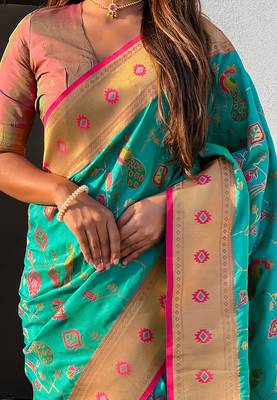 Sea green woven self design pure silk paithani saree with blouse 4