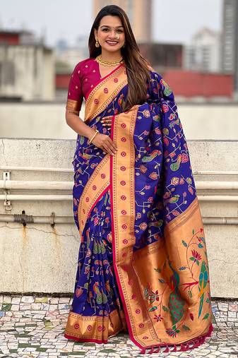 Violet woven self design pure silk paithani saree with blouse