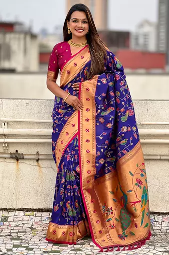 Violet woven self design pure silk paithani saree with blouse