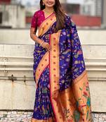 Violet woven self design pure silk paithani saree with blouse