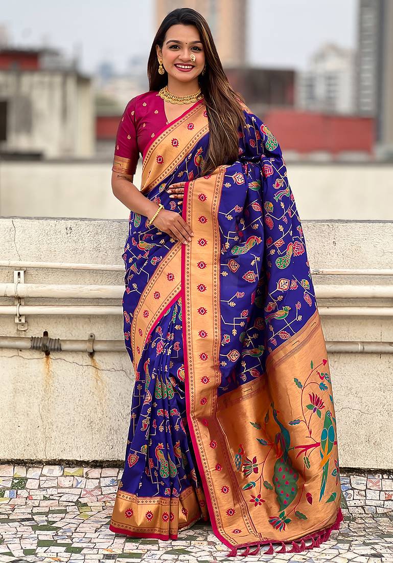 Violet woven self design pure silk paithani saree with blouse