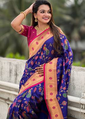 Violet woven self design pure silk paithani saree with blouse 2