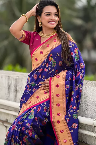 Violet woven self design pure silk paithani saree with blouse