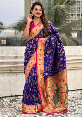 Violet woven self design pure silk paithani saree with blouse 3