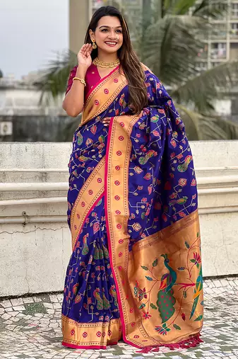 Violet woven self design pure silk paithani saree with blouse