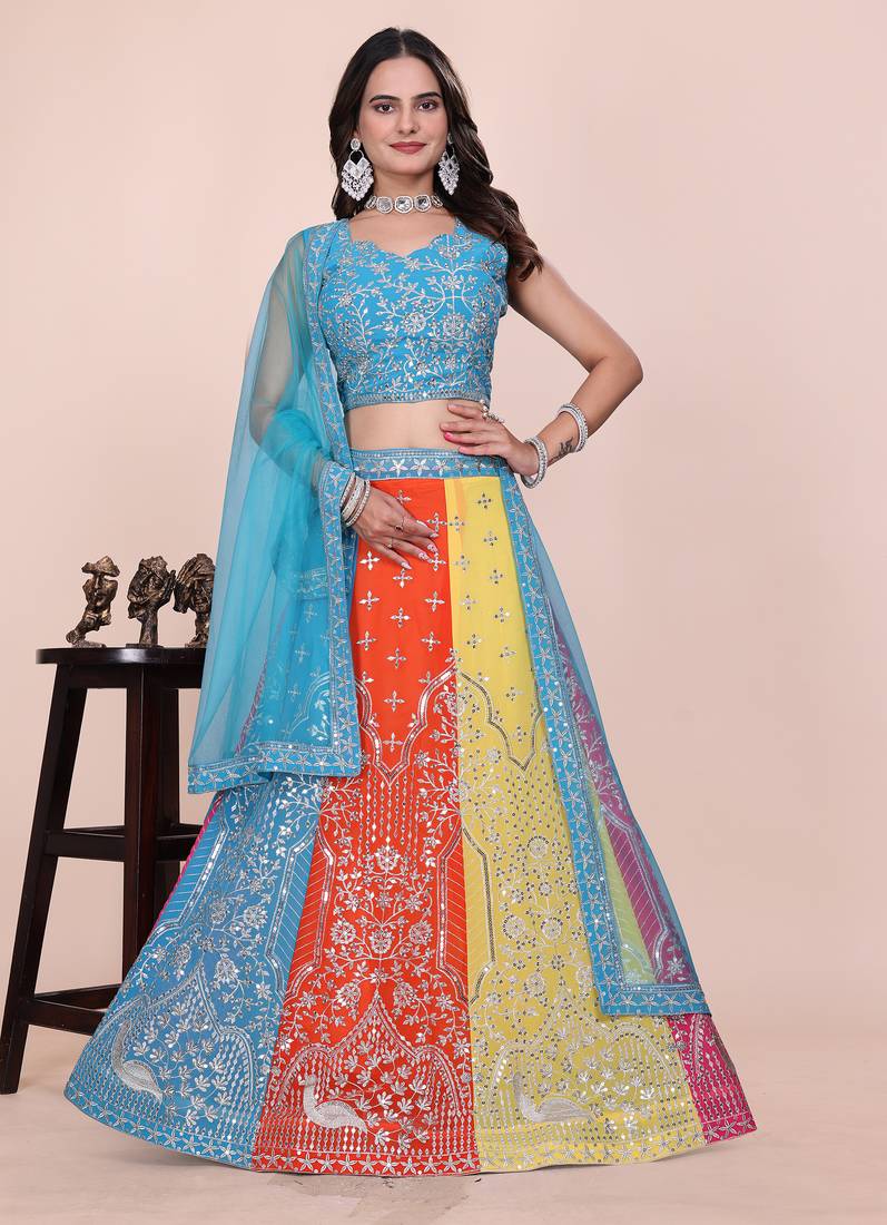 Multicolor Faux Georgette Sequins & Zari Embroidered Lehenga Choli