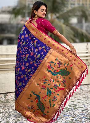 Violet woven self design pure silk paithani saree with blouse 5