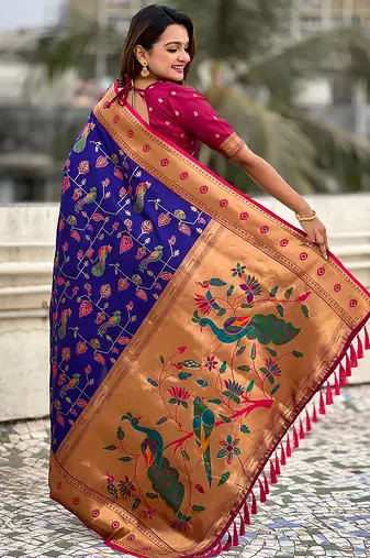 Violet woven self design pure silk paithani saree with blouse