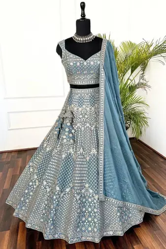 Blue Designer Sequins & Thread Embroidered Lehenga Set