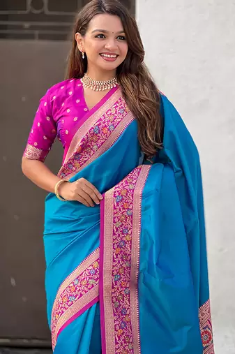 Blue woven self design pure silk paithani saree with blouse