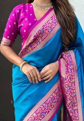 Blue woven self design pure silk paithani saree with blouse 4