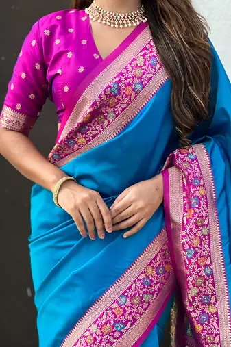 Blue woven self design pure silk paithani saree with blouse