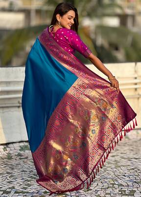 Blue woven self design pure silk paithani saree with blouse 5