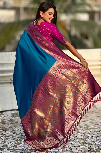 Blue woven self design pure silk paithani saree with blouse