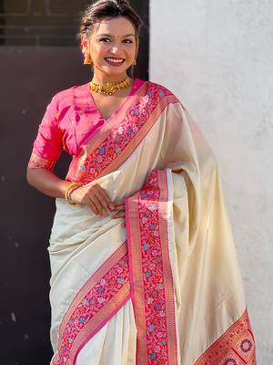 Cream woven self design pure silk paithani saree with blouse 2