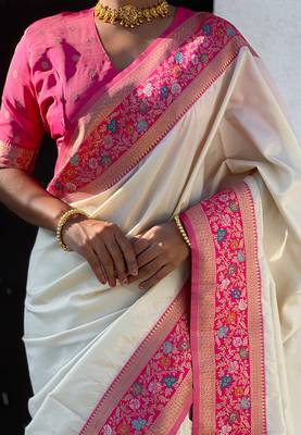 Cream woven self design pure silk paithani saree with blouse 4