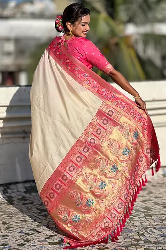 Cream woven self design pure silk paithani saree with blouse