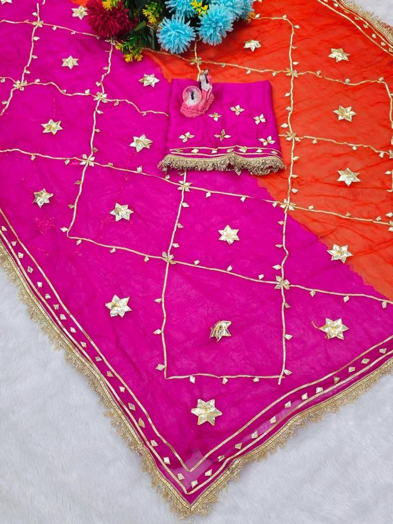Pink Color gotta work Chiffon Saree