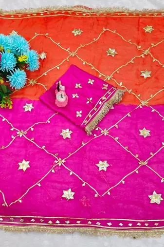 Pink Color gotta work Chiffon Saree