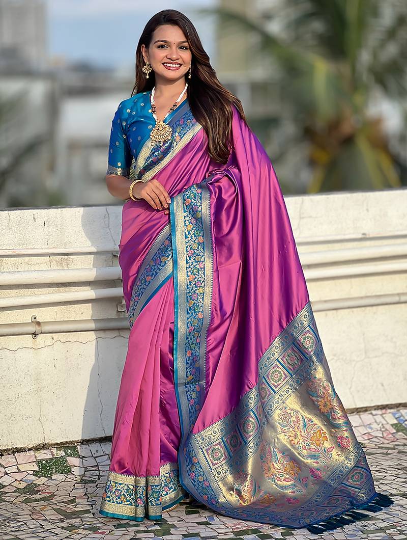 Lavender woven self design pure silk paithani saree with blouse