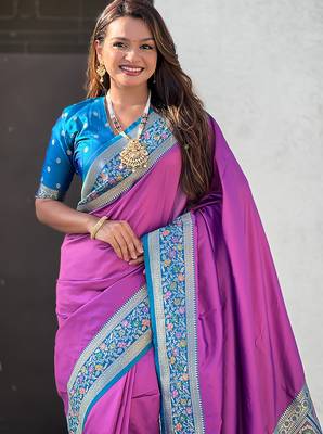 Lavender woven self design pure silk paithani saree with blouse 2