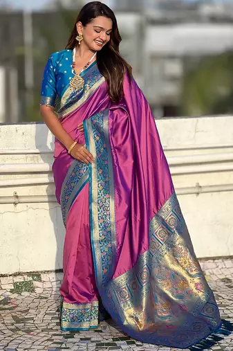 Lavender woven self design pure silk paithani saree with blouse