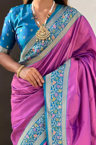 Lavender woven self design pure silk paithani saree with blouse