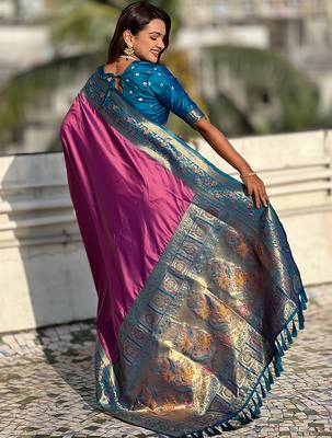 Lavender woven self design pure silk paithani saree with blouse 5