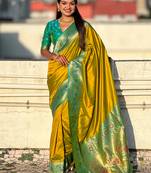 Mehendi woven self design pure silk paithani saree with blouse