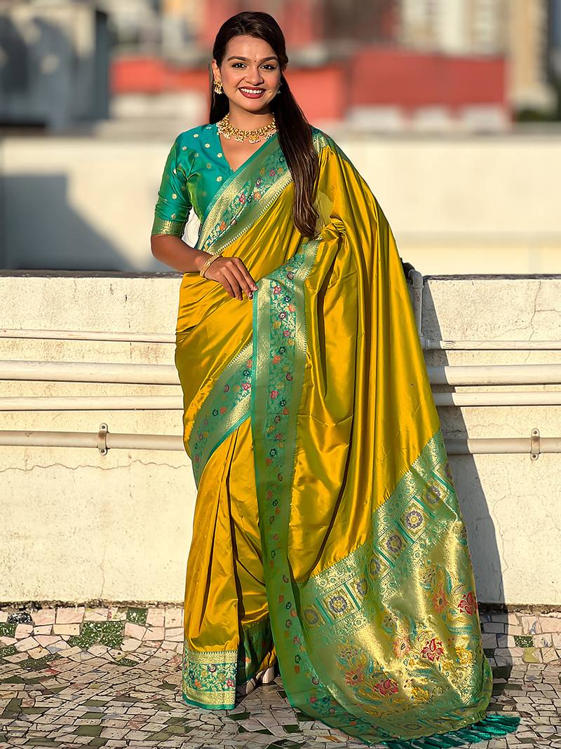 Mehendi woven self design pure silk paithani saree with blouse