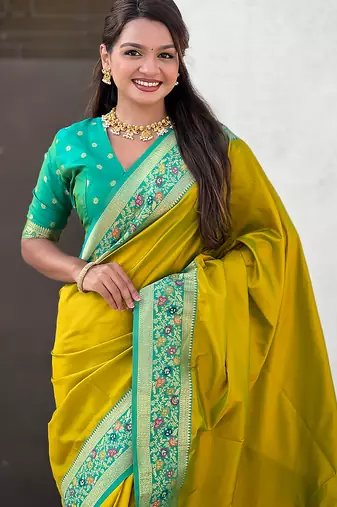 Mehendi woven self design pure silk paithani saree with blouse