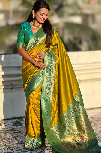 Mehendi woven self design pure silk paithani saree with blouse