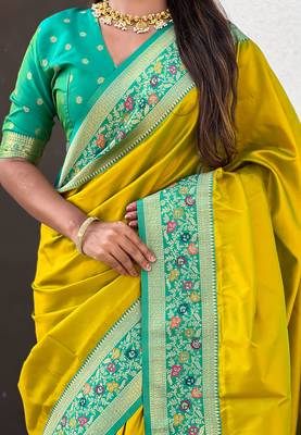 Mehendi woven self design pure silk paithani saree with blouse 4