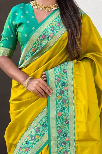 Mehendi woven self design pure silk paithani saree with blouse
