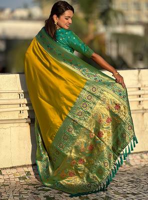 Mehendi woven self design pure silk paithani saree with blouse 5