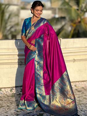 Pink woven self design pure silk paithani saree with blouse 2