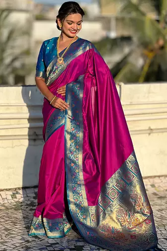 Pink woven self design pure silk paithani saree with blouse