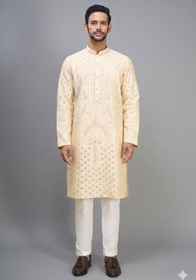 men’s yellow silk kurta pant set with intricate embroidery 1