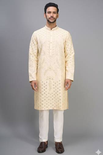 men’s yellow silk kurta pant set with intricate embroidery