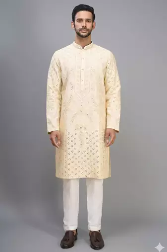 men’s yellow silk kurta pant set with intricate embroidery