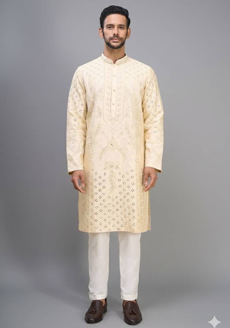 men’s yellow silk kurta pant set with intricate embroidery