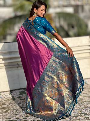 Pink woven self design pure silk paithani saree with blouse 3