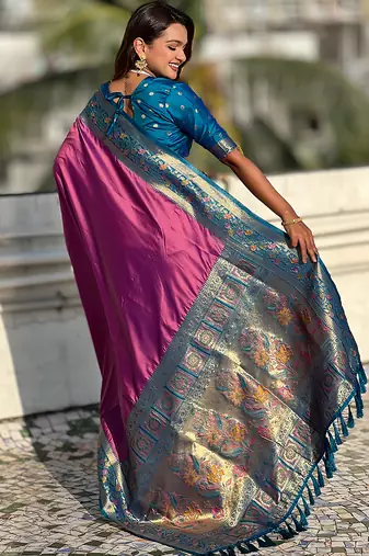 Pink woven self design pure silk paithani saree with blouse